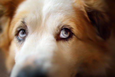 Large fluffy mixed breed dog lies by the refrigerator in a bright modern kitchen and waiting for...