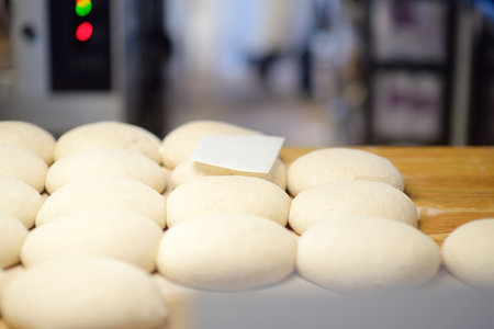A batch of formed dough pieces on a table in the kitchen of a local bakery ready to bake. Olive ciabatta blanks laid out in a row in front of a large oven. Local bread production. Ciabatta makingの写真素材
