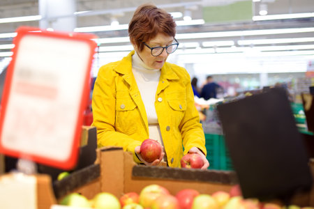 Beautiful red-haired senior lady is choosing fresh organic apples in a food store or a supermarket . Healthy food for mature peopleの写真素材