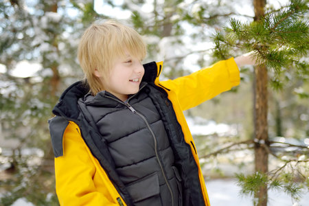 Preteen boy having fun during vacation in european Alps. Child dressed in warm clothes, hat, hand...