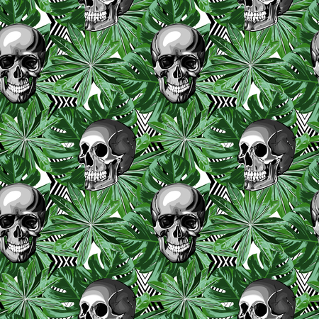 Seamless Vector Exotic Leaves With Skull Patternのイラスト素材