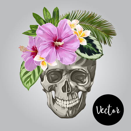 Vector Skull With Leaves And Flowers Illustrationのイラスト素材
