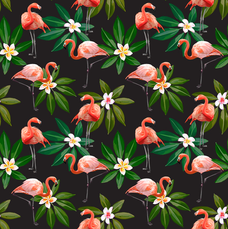 Seamless Vector Flamingo With Leaves And Flowers Patternのイラスト素材