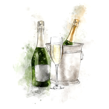 Watercolor Champagne With Glasses Illustrationの写真素材