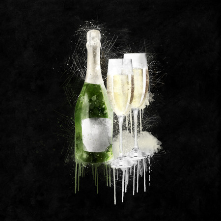 Watercolor Champagne With Glasses Illustrationの写真素材
