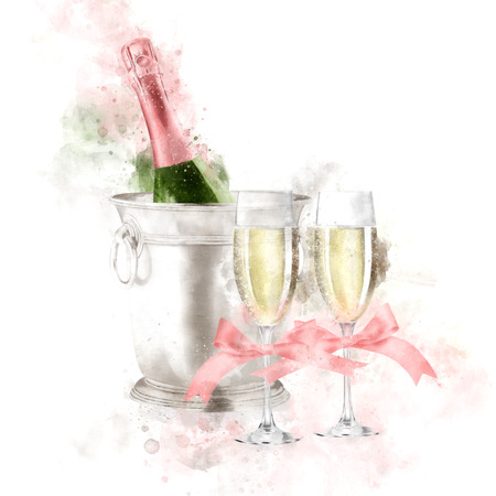 Watercolor Champagne With Glasses Illustrationの写真素材