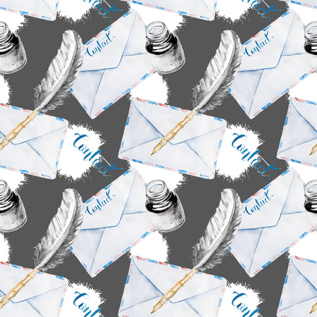 Seamless Hand Drawn Watercolor Pattern With Envelopeの写真素材
