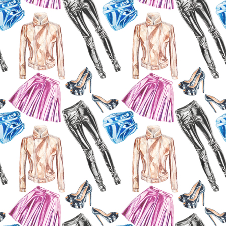 Seamless Hand Drawn Watercolor Fashion Leather Garments Patternの写真素材