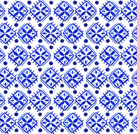 Watercolor Hand Drawn Seamless Blue Ethnic Ornaments Patternの写真素材