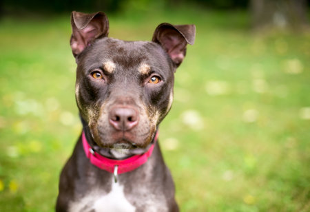 A Pit Bull Terrier mixed breed dog wearing a red collar, looking at the cameraの写真素材