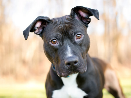A black and white Pit Bull Terrier mixed breed dog with large floppy ears and looking at the camera with a head tiltの写真素材
