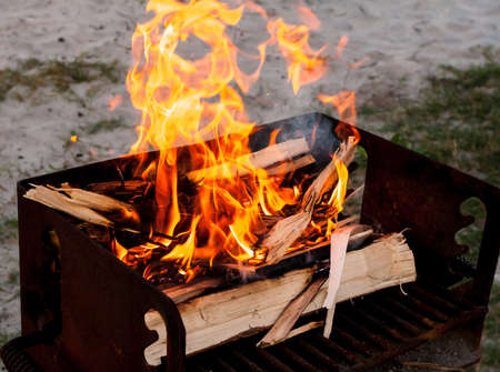 Wooden logs burning in a small fire built on a campsite grill