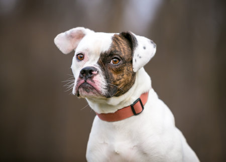 A Pug x Beagle x Bulldog mixed breed dog looking sideways at the cameraの写真素材