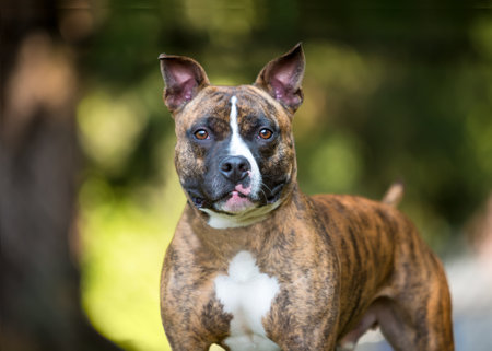 A brindle and white Pit Bull Terrier mixed breed dog with a serious expression outdoorsの写真素材