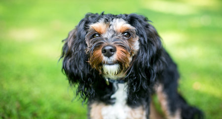 A tricolor Cavalier King Charles Spaniel x Yorkshire Terrier mixed breed dog