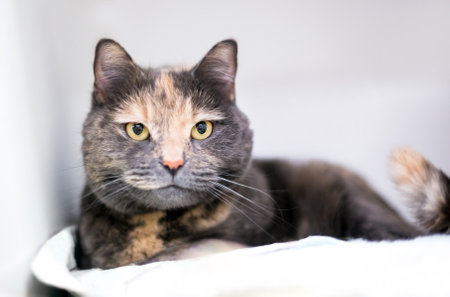 A Dilute Tortoiseshell shorthair cat relaxing on a blanketの写真素材
