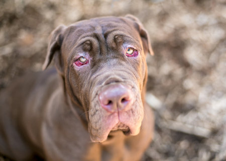 A purebred Neapolitan Mastiff dog with ectropion in its eyes and a sad expressionの写真素材