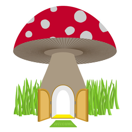 Mushroom with door open. Amanita House for a dwarf, Hobbit. Vector illustration.のイラスト素材