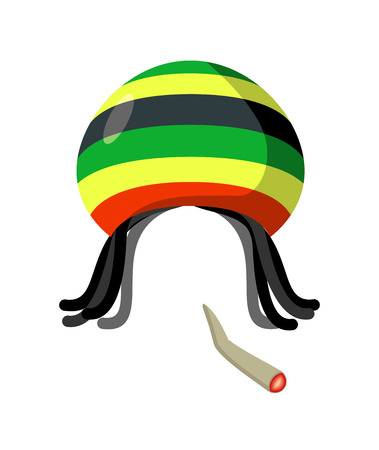Rasta Cap with dreadlocks on white background. Spliff smoking drug cannabis. Jamaican Hatのイラスト素材