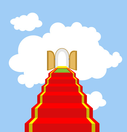 Open gates of paradise. Ladder into clouds. Degree in sky. Red carpet for ascent into paradise. Vector illustration of God's ladder. Acent to God, to Jesus.のイラスト素材
