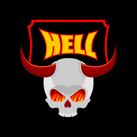 Welcome to hell. Plate for door. Satans skull with horns. In eye of skull flame of fire of purgatory. Vector illustration of religionのイラスト素材