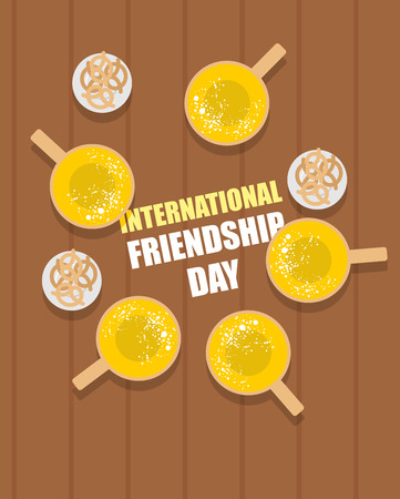 Mugs of beer on a wooden table and beer snacks pretzel top view. Alcoholic drinks for a group of friends. Vector illustration International  Friendship Dayのイラスト素材
