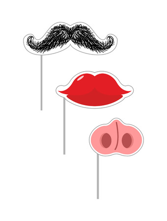 Carnival mask set. Vector illustration Fake Mustache and lips. Nose of a pig on a stick. Mustache on a stick. Funny holiday accessoriesのイラスト素材