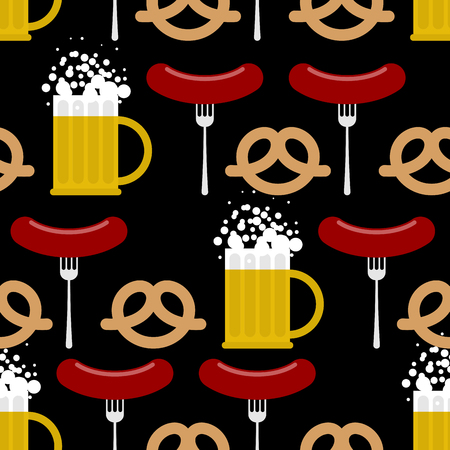 Seamless pattern beer and pretzels, sausage. Vector background of Symbols of Oktoberfest. Beer Festival in Germany.のイラスト素材