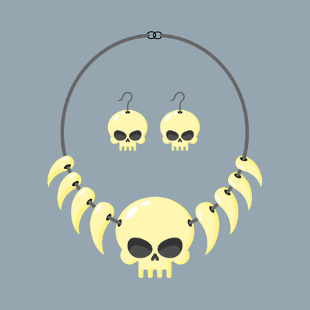Necklace of skull and tusks. Beads, Aboriginal cannibals and barbarians. Vector illustration terrible piece of jewelry. Head of  skeleton and teeth of animals on  rope.のイラスト素材