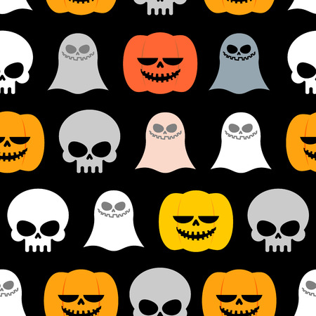 Seamless pattern for Halloween. Background of the symbols of the horrible holiday: skull, Ghost and pumpkin. Vector textureのイラスト素材