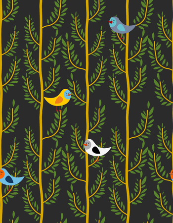 Birds on trees seamless pattern. Vector background of forest with birds on branches. Night forestのイラスト素材