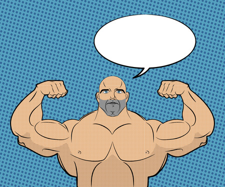Bodybuilder with big muscles and bubble. People in style of pop art. Trained athlete shows muscles and said. Space for text. Vector illustrationのイラスト素材