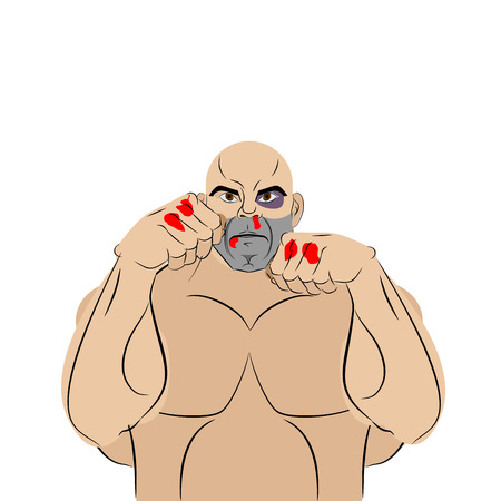 Fighter with a bruise and blood. Beaten man defends himself. Fighting with fists. Vector illustration of a person.のイラスト素材
