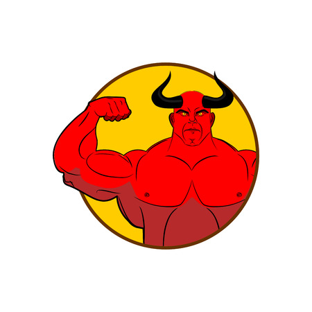 icon for gym. Satan bodybuilder shows biceps. Emblem for sports teams. Horned red Demon with large muscles. Vector illustration of  devil.のイラスト素材