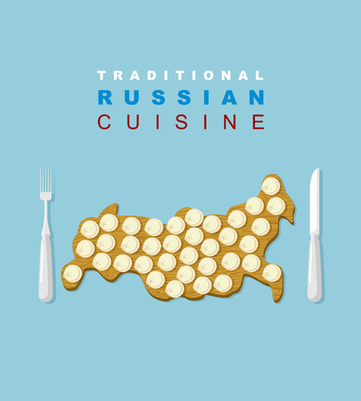 Russian traditional cuisine. Russians national dish. Dumplings on a wooden cutting board in the form of a map of country. Traditional Russian food. Cutlery: knife and fork. Vector illustration for restaurants and cafes.のイラスト素材