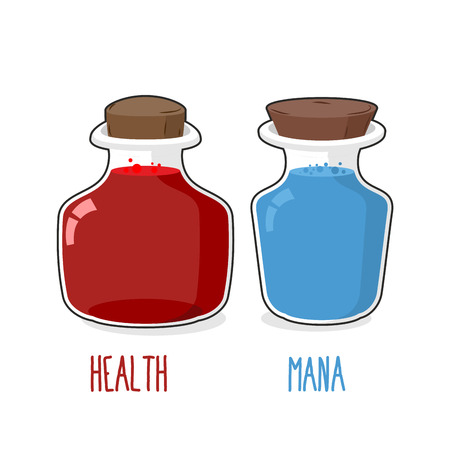 Health and mana. Magic bottle with blue and Red potion. Set of glass jars for games.  Vector illustration in cartoon style.のイラスト素材