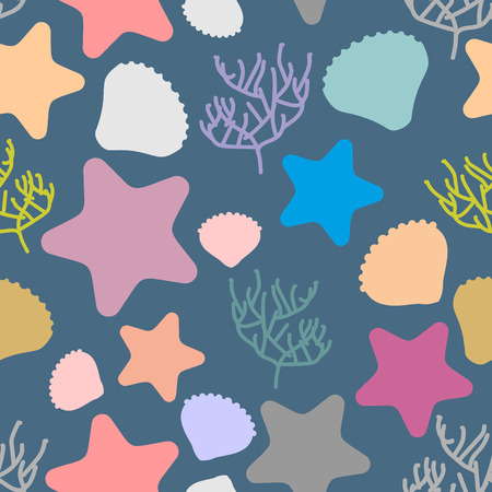 Marine seamless pattern. Colored silhouettes of marine life. Scallops and starfish. Vector background.のイラスト素材