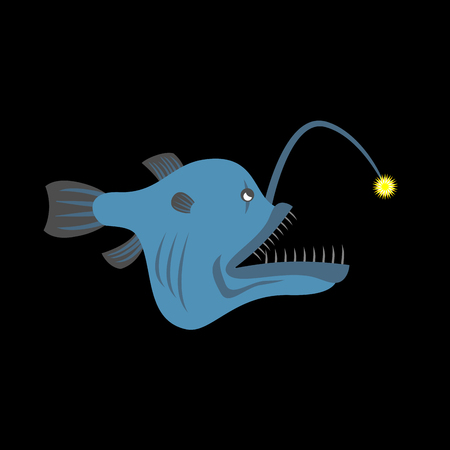 Deep-sea predatory fish with a lantern. Terrible predator fish at   bottom of  ocean. Vector illustration Deep sea anglerfishのイラスト素材