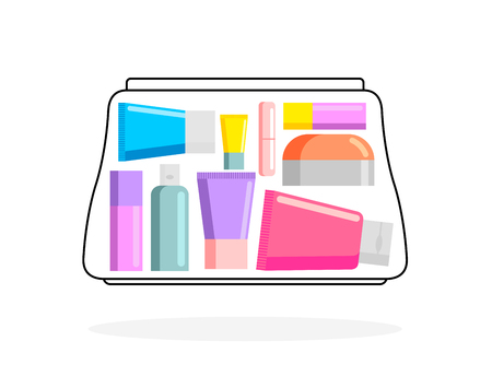 Female bag with cosmetics. Womens handbag with creams and lipstick. Cosmetic accessories and personal belongings. Vector illustrationのイラスト素材