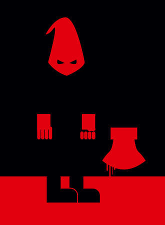 Executioner in mask and with an axe. Scary Punisher stands in  blood at night. Vector illustration of torturerin stereotypical attire. Person commits penalty. Blood flows down with an axe.のイラスト素材