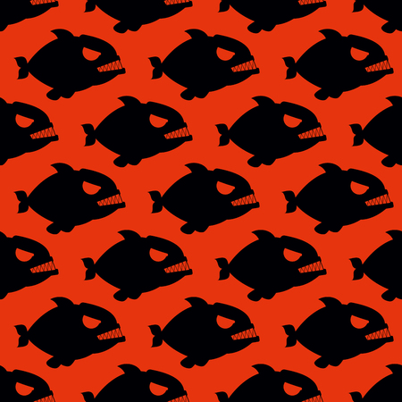 Aggressive seamless pattern from Piranha. Fish silhouettes with large teeth on red bloody background. Flock of evilmarine predators.のイラスト素材