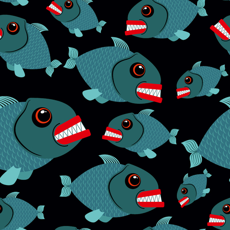 Toothy fish seamless background. Evil piranhas in sea. Vector ornament sea creatures.のイラスト素材