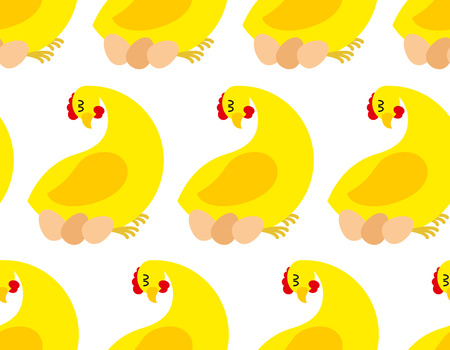 Chicken farm seamless pattern. Vector background of chickens and eggs. Many hens laying.のイラスト素材