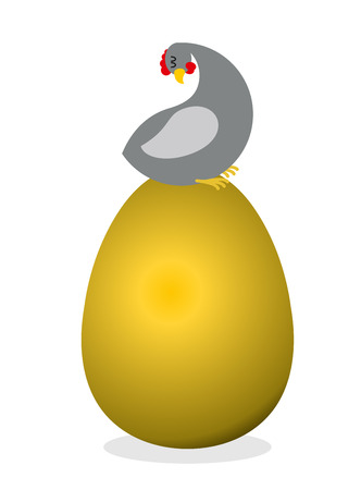 Chicken on  big  golden egg. Bird nests precious eggs. Farm bird carries  eggs of precious metal. Symbol of good luck and prosperityのイラスト素材