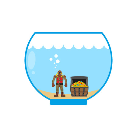 Diver and treasure chest in Aquarium. Miniature figures in water.のイラスト素材