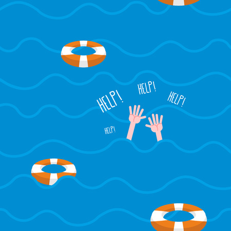 Man drowns  seamless pattern. Lifebuoy on waves of sea. Texture of sinking man raised his hands and screams-"Help". Hands protrude from water.のイラスト素材