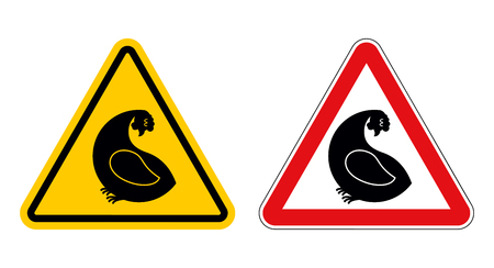Chicken warning sign of attention. Danger of  yellow chicken. Farm bird with red triangle. Set of Road signs of chickenのイラスト素材