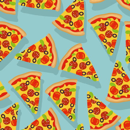 Pizza seamless pattern. Delicious slice of pizza background. Traditional Italian food ornament. Texture of fabric for children. Fresh ingredients sausage and tomatoes. Greens and olivesのイラスト素材