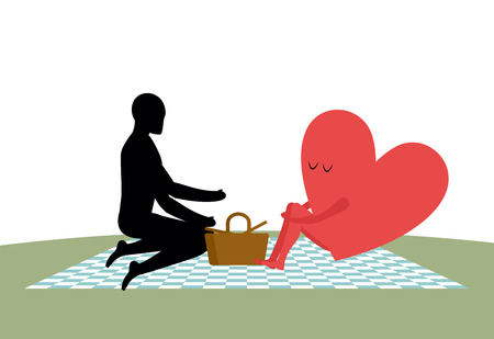 Lovers on picnic. Rendezvous in Park. The heart of man. Rural jaunt lovers. Meal in nature. Plaid and basket for food on lawn. Man and love. Illustration for Valentines Dayのイラスト素材