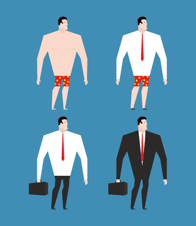 Businessman in  business suit and briefcase. Set man in clothes and naked. rustler in shortsのイラスト素材